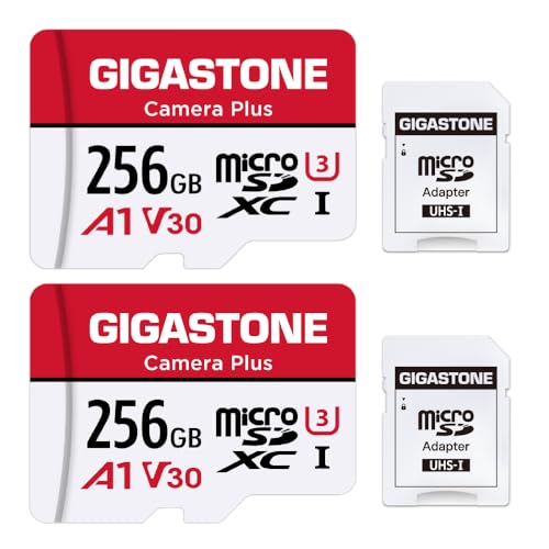 Gigastone Kamera Plus 256GB MicroSDXC Speicherkarte 2er-Pack + SD Adapter, für Action-Kamera und Drohne, Lesegeschwindigkeit bis zu 100MB/s, Full HD-Videoaufnahme, A1 U3 Klasse 10 Micro SD Karte UHS-I von Gigastone