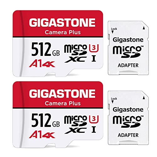 Gigastone Kamera Plus 512GB MicroSDXC Speicherkarte 2er-Pack + SD Adapter, für Action-Kamera und Drohne, Lesegeschwindigkeit bis zu 100MB/s, 4K-Videoaufnahme, A1 U3 Klasse 10 Micro SD Karte UHS-I von Gigastone