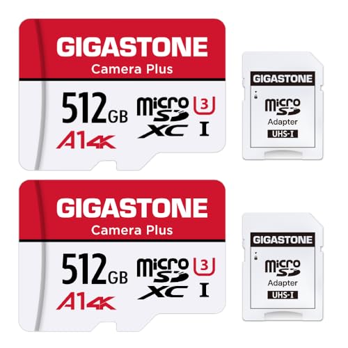 Gigastone Kamera Plus 512GB MicroSDXC Speicherkarte 2er-Pack + SD Adapter, für Action-Kamera und Drohne, Lesegeschwindigkeit bis zu 100MB/s, 4K-Videoaufnahme, A1 U3 Klasse 10 Micro SD Karte UHS-I von Gigastone
