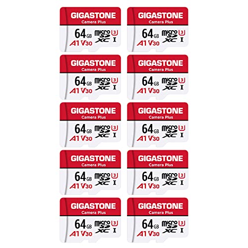 Gigastone Kamera Plus 64GB MicroSDXC Speicherkarte 10er-Pack + SD Adapter, für Action-Kamera und Drohne, Lesegeschwindigkeit bis zu 95MB/s, Full HD-Videoaufnahme, A1 U3 Klasse 10 Micro SD Karte UHS-I von Gigastone