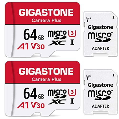 Gigastone Kamera Plus 64GB MicroSDXC Speicherkarte 2er-Pack + SD Adapter, für Action-Kamera und Drohne, Lesegeschwindigkeit bis zu 95MB/s, Full HD-Videoaufnahme, A1 U3 Klasse 10 Micro SD Karte UHS-I von Gigastone