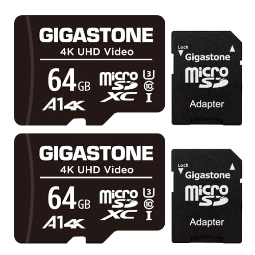 Gigastone Speicherkarte, 64 GB, 2 Stück, kompatibel mit Gopro Drohne Kamera Tablet Samsung Sony, Hohe Geschwindigkeit für 4K UHD Video, A1 U3 C10 Micro SDXC-Karte mit Mini-Tasche und SD-Adapter. von Gigastone