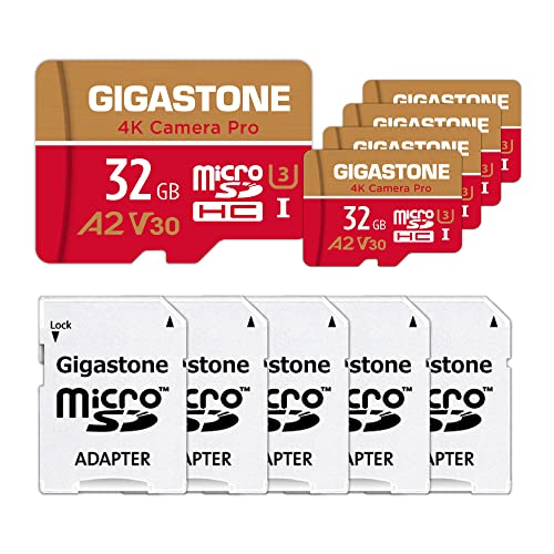 Gigastone Speicherkarte 32 GB 5 Stück 4K Kamera Pro kompatibel mit GoPro Drohne Switch Geschwindigkeit 95 MB/s für 4K UHD Video, A2 U3 V30 MicroSDHC-Karte mit SD-Adapter von Gigastone
