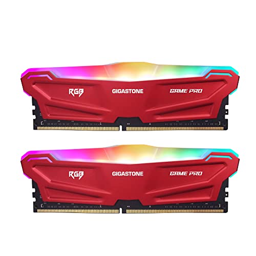 [ RGB DDR4 RAM ] Gigastone Red RGB Game PRO Desktop RAM 32GB (2x16GB) DDR4 Ram 32GB DDR4-3200 MHz PC4-25600 CL16 1,35 V 288 Pin/Polig Ungepuffert Nicht-ECC Computer Speicher RAM (Nur PC-Desktop) von Gigastone
