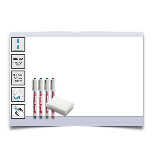 Gigatime ® DIN A2 wiederbeschreibbare Papiertafel feucht abwischbar 42x29,4cm inklusive 4er Marker und Schwamm. Beidseitig beschreibbar ideal für Business, Schule Familien und Projekte. Rückseite weiß von Gigatime