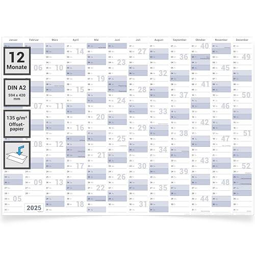Gigatime ® Din A2 Wandkalender 2025 Jahresplaner 59,4 x 42,0 cm Kalender 2025 in deutscher Sprache gefalteter Wandplaner, Jahreskalender, Kalender für das Jahr 2025 von Gigatime