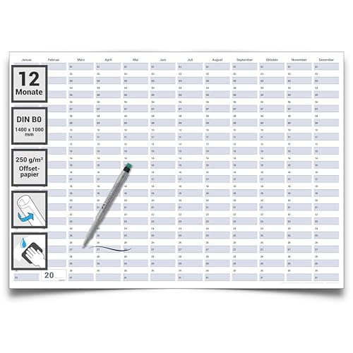 Gigatime ® Din B0 XXL Dauerkalender Projektplaner Geburtstagskalender Format 140,0x100,0cm mit Marker dauerhaft wiederverwendbarer Dauerkalender Jahresplaner groß und abwischbar in deutscher Sprache von Gigatime