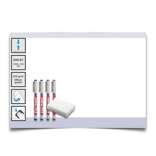 Gigatime Din B1 wiederbeschreibbare Papiertafel feucht abwischbar 70x100 cm inkl. 4er Marker und Schwamm, beidseitig beschreibbar für Business, Schule Familien und andere Projekte. Rückseite weiß von Gigatime