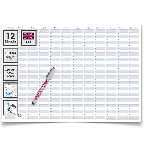 Gigatime din A3 Dauerkalender/Geburtstagskalender Format 42,0 x 29,7 cm mit Marker dauerhaft wiederverwendbarer Jahresplaner abwischbar. Englische Sprache von Gigatime