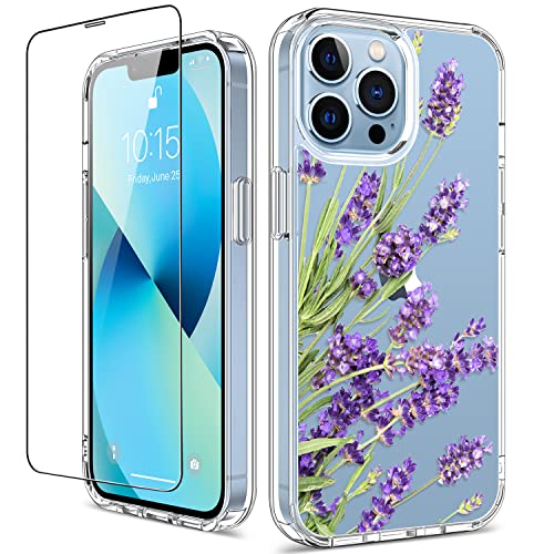 GiiKa Für iPhone 13 Pro Max Hülle mit Displayschutzfolie, 6,7 Zoll Klar Stoßfest Schützende Blumen Mädchen Frauen Hardcase mit TPU Bumper Cover Handyhülle für iPhone 13 Pro Max, Lila Blumen von GiiKa