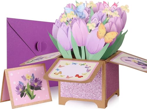 Giiffu 3D Pop Up Greeing Card - Muttertag Lila Tulpen Blumenstrauß Karte, Geburtstagsgeschenkkarte mit Notizkarte und Umschlag für Frauen, Blumengrußkarten zum Jahrestag, Valentinstag, Gute Besserung von Giiffu
