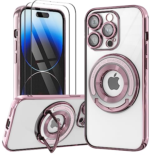 Giolus Clear Magnetic für iPhone 14 Pro Max Hülle und 2 Stück Schutzfolie [Kameraschutz Eingebaut] [Eingebetteter Ständer] Weiche TPU Silikon Handyhülle mit Magsafe Kratzresistente Stoßfest (Roségold) von Giolus