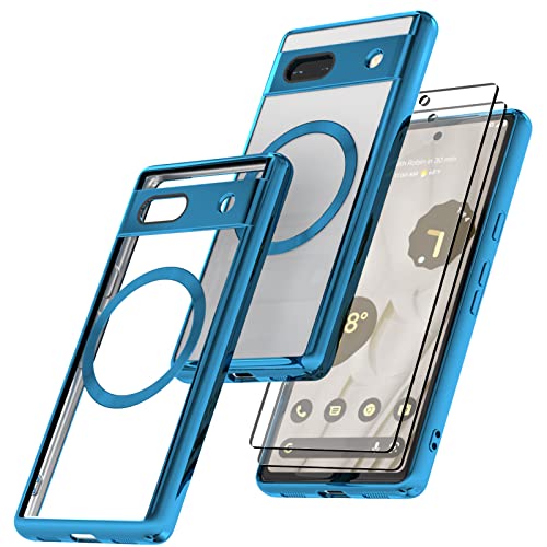 Giolus Clear für Google Pixel 7A Hülle Kompatibel mit MagSafe mit Kameraschutz und 2 Stück Schutzfolie, Durchsichtig Magnetisch Dünn Silikon Handyhülle Stoßfest Kratzfeste Schutzhülle Blau von Giolus