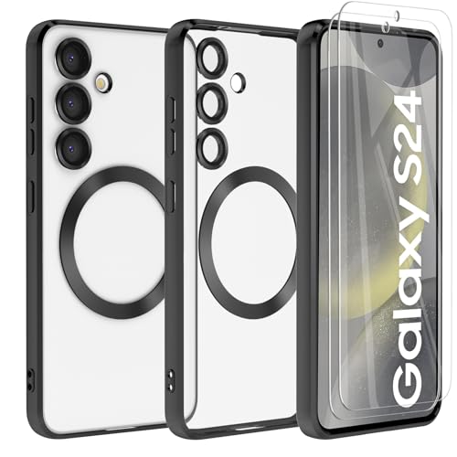 Giolus Clear für Samsung Galaxy S24 Hülle Kompatibel mit MagSafe mit Kameraschutz und 2 Stück Schutzfolie, Durchsichtig Magnetisch Dünn Silikon Handyhülle Stoßfest Kratzfeste Schutzhülle Schwarz von Giolus