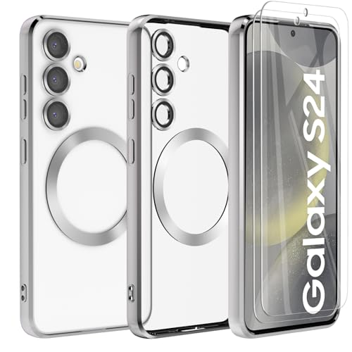Giolus Clear für Samsung Galaxy S24 Hülle Kompatibel mit MagSafe mit Kameraschutz und 2 Stück Schutzfolie, Durchsichtig Magnetisch Dünn Silikon Handyhülle Stoßfest Kratzfeste Schutzhülle Silber von Giolus