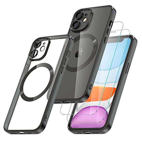 Giolus Clear für iPhone 11 Hülle Kompatibel mit MagSafe mit Kameraschutz und 2 Stück Schutzfolie, Magnetisch Transparent Silikon Handyhülle Durchsichtig Dünn Stoßfest Kratzfeste Schutzhülle Schwarz von Giolus