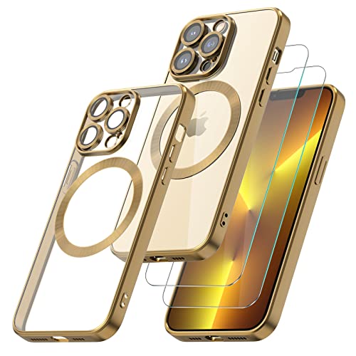 Giolus Clear für iPhone 13 Pro Max Hülle Kompatibel mit MagSafe mit Kameraschutz und 2 Stück Schutzfolie, Durchsichtig Magnetisch Dünn Silikon Handyhülle Stoßfest Kratzfeste Schutzhülle Gold von Giolus