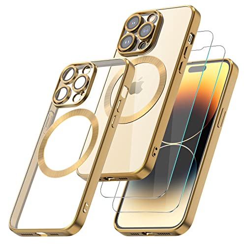 Giolus Clear für iPhone 14 Pro Hülle Kompatibel mit MagSafe mit Kameraschutz und 2 Stück Schutzfolie, Durchsichtig Magnetisch Dünn Silikon Handyhülle Stoßfest Kratzfeste Schutzhülle Gold von Giolus