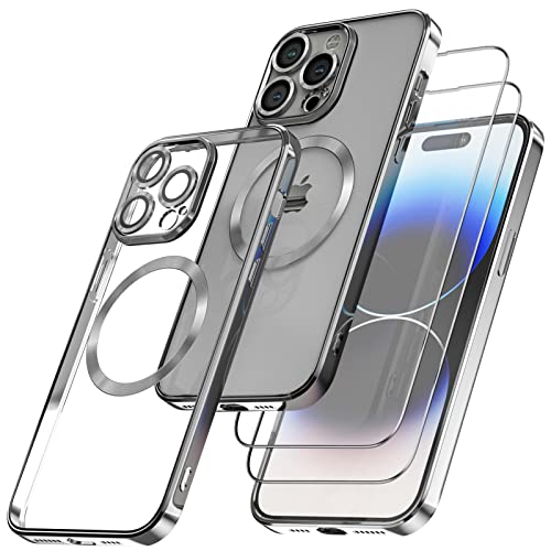 Giolus Clear für iPhone 14 Pro Hülle Kompatibel mit MagSafe mit Kameraschutz und 2 Stück Schutzfolie, Durchsichtig Magnetisch Dünn Silikon Handyhülle Stoßfest Kratzfeste Schutzhülle Silber von Giolus