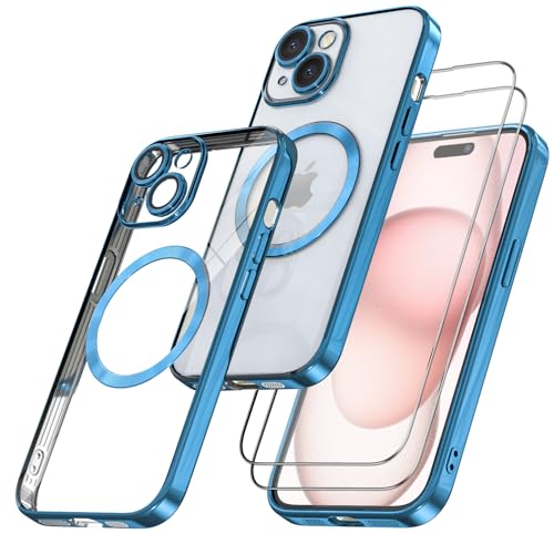Giolus Clear für iPhone 15 Hülle Kompatibel mit Mag-Safe mit Kameraschutz und 2 Stück Schutzfolie, Durchsichtig Magnetisch Dünn Silikon Handyhülle Stoßfest Kratzfeste Schutzhülle Blau von Giolus