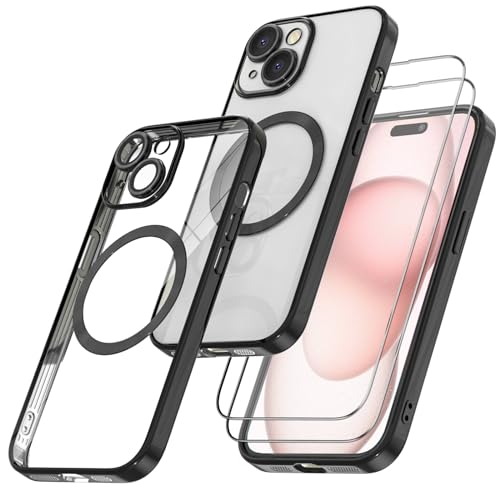 Giolus Clear für iPhone 15 Plus Hülle Kompatibel mit Mag-Safe mit Kameraschutz und 2 Stück Schutzfolie, Durchsichtig Magnetisch Dünn Silikon Handyhülle Stoßfest Kratzfeste Schutzhülle Schwarz von Giolus