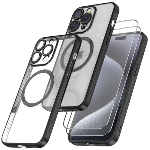 Giolus Clear für iPhone 15 Pro Hülle Kompatibel mit Mag-Safe mit Kameraschutz und 2 Stück Schutzfolie, Durchsichtig Magnetisch Dünn Silikon Handyhülle Stoßfest Kratzfeste Schutzhülle Schwarz von Giolus