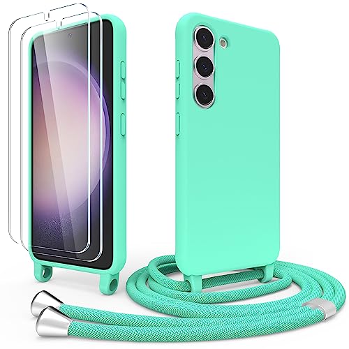 Giolus Handykette Hülle Kompatibel mit Samsung Galaxy S23 5G und 2 Stück Schutzfolie, TPU Slim Silikon Necklace Handyhülle mit Band Stoßfest Schutzhülle mit Kordel Schnur zum Umhängen (Green) von Giolus