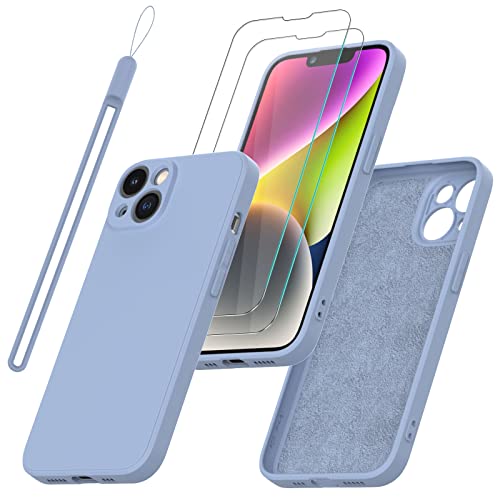 Giolus Hülle Kompatibel mit iPhone 14 Hülle Silikon mit Kameraschutz und 2 Stück Schutzfolie, Dünn Liquid Silicone Handyhülle Stoßfeste Matte Schutzhülle Rundumschutz Soft Case Cover Lila von Giolus