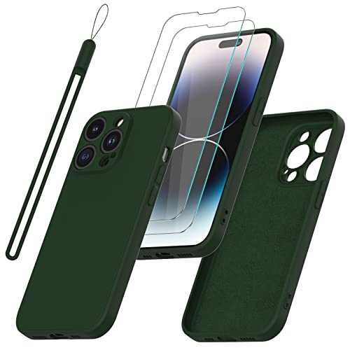 Giolus Hülle Kompatibel mit iPhone 14 Pro Hülle Silikon mit Kameraschutz und 2 Stück Schutzfolie, Dünn Liquid Silicone Handyhülle Stoßfeste Matte Schutzhülle Rundumschutz Soft Case Cover Dunkel Grün von Giolus