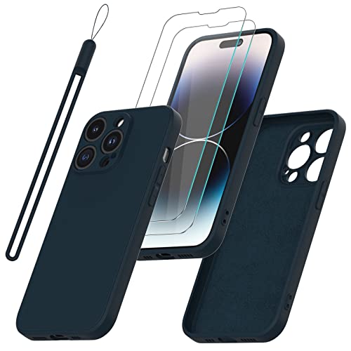 Giolus Hülle Kompatibel mit iPhone 14 Pro Hülle Silikon mit Kameraschutz und 2 Stück Schutzfolie, Dünn Liquid Silicone Handyhülle Stoßfeste Matte Schutzhülle Rundumschutz Soft Case Cover Blau von Giolus