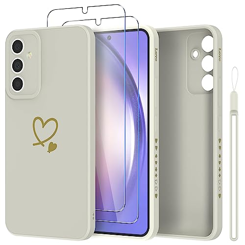 Giolus Hülle für Samsung Galaxy A54 5G Hülle Silicone mit 2 Stück Schutzfolie und Kameraschutz, Gold Herz Muster Handyhülle Dünn Weich Silikon Hülle Stoßfeste Kratzfeste Matte Schutzhülle Weiß von Giolus