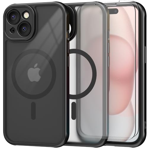 Giolus Hülle für iPhone 15 Kompatibel mit Mag Safe mit 2 Stück Schutzfolie (Mit Integrierter Kameraschutz), Transluzent Matte Magnetische Handyhülle Ultra Dünn Hart PC Kratzfest Schutzhülle - Schwarz von Giolus