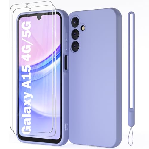 Giolus Kompatibel mit Samsung Galaxy A15 4G/5G Hülle Silikon mit 2 Stück Schutzfolie und Kameraschutz, Ultra Dünn Silicone Handyhülle Matte Schutzhülle Stoßfeste Kratzfeste Rundumschutz Case Lila von Giolus