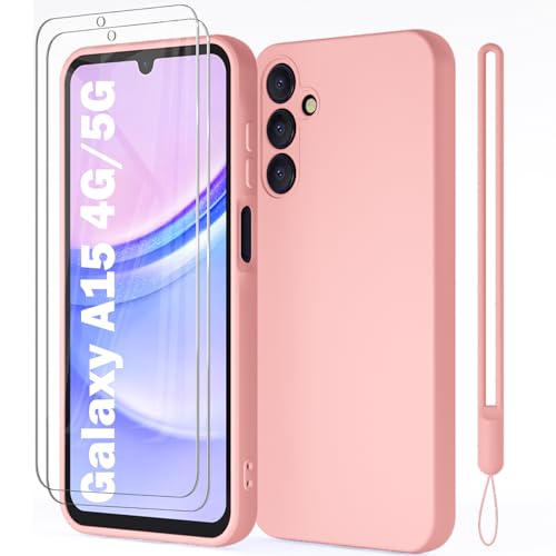 Giolus Kompatibel mit Samsung Galaxy A15 4G/5G Hülle Silikon mit 2 Stück Schutzfolie und Kameraschutz, Ultra Dünn Silicone Handyhülle Matte Schutzhülle Stoßfeste Kratzfeste Rundumschutz Case Rosa von Giolus