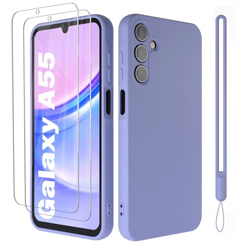 Giolus Kompatibel mit Samsung Galaxy A55 5G Hülle Silikon mit 2 Stück Schutzfolie und Kameraschutz, Ultra Dünn Silicone Handyhülle Matte Schutzhülle Stoßfeste Kratzfeste Rundumschutz Case Lila von Giolus