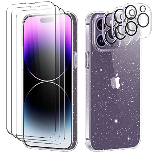 Giolus Kompatibel mit iPhone 14 Pro Hülle mit 3 Stück Schutzfolie und 3 Stück Kameraschutz, Handyhülle Transparent Glitzer Slim Soft Silikon TPU für iPhone 14 Pro von Giolus