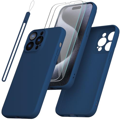 Giolus Kompatibel mit iPhone 15 Pro Hülle Silikon mit 2 Stück Schutzfolie und Kameraschutz, Ultra Dünn Silicone Handyhülle Matte Schutzhülle Stoßfeste Kratzfeste Rundumschutz Case Blau von Giolus