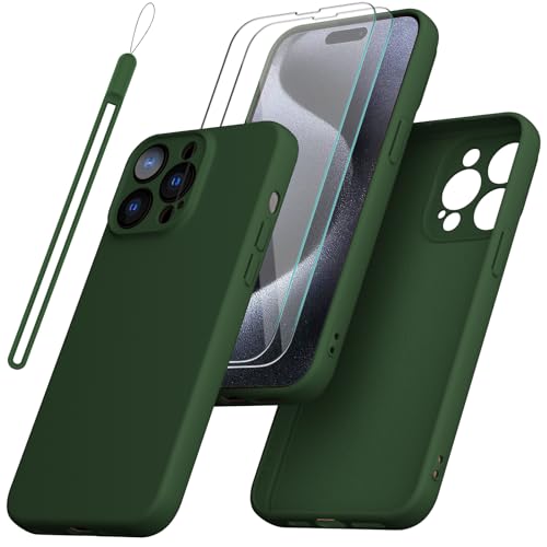 Giolus Kompatibel mit iPhone 15 Pro Max Hülle Silikon mit 2 Stück Schutzfolie und Kameraschutz, Ultra Dünn Silicone Handyhülle Matte Schutzhülle Stoßfeste Kratzfeste Rundumschutz Case Grün von Giolus