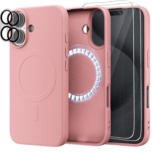 Giolus Magnetisch Silikon Hülle für iPhone 16 [1 Handyhülle+2 Schutzfolie+2 Kameraschutz], Premium Liquid Silikon Schutzhülle, Anti-Kratzer Mikrofaser Case, Rosa von Giolus