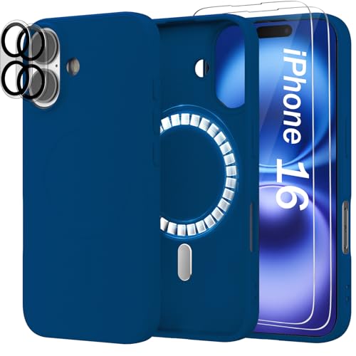 Giolus Magnetisch Silikon Hülle für iPhone 16 [1 Handyhülle+2 Schutzfolie+2 Kameraschutz], Premium Liquid Silikon Schutzhülle, Anti-Kratzer Mikrofaser Case, Blau von Giolus