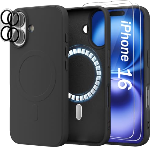 Giolus Magnetisch Silikon Hülle für iPhone 16 [1 Handyhülle+2 Schutzfolie+2 Kameraschutz], Premium Liquid Silikon Schutzhülle, Anti-Kratzer Mikrofaser Case, Schwarz von Giolus