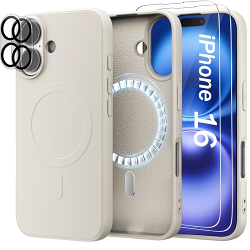 Giolus Magnetisch Silikon Hülle für iPhone 16 [1 Handyhülle+2 Schutzfolie+2 Kameraschutz], Premium Liquid Silikon Schutzhülle, Anti-Kratzer Mikrofaser Case, Weiß von Giolus