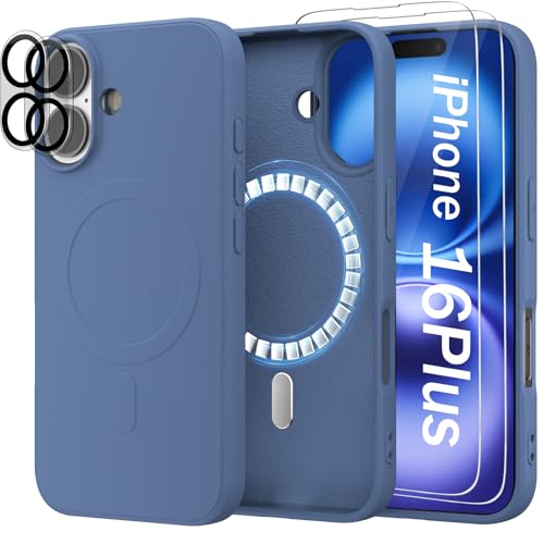 Giolus Magnetisch Silikon Hülle für iPhone 16 Plus [1 Handyhülle+2 Schutzfolie+2 Kameraschutz], Premium Liquid Silikon Schutzhülle, Anti-Kratzer Mikrofaser Case, Grau von Giolus