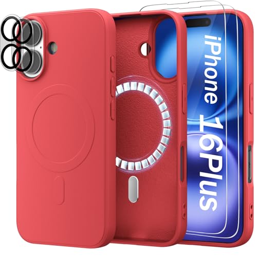 Giolus Magnetisch Silikon Hülle für iPhone 16 Plus [1 Handyhülle+2 Schutzfolie+2 Kameraschutz], Premium Liquid Silikon Schutzhülle, Anti-Kratzer Mikrofaser Case, Rot von Giolus