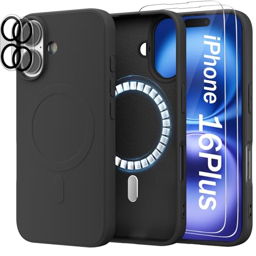 Giolus Magnetisch Silikon Hülle für iPhone 16 Plus [1 Handyhülle+2 Schutzfolie+2 Kameraschutz], Premium Liquid Silikon Schutzhülle, Anti-Kratzer Mikrofaser Case, Schwarz von Giolus