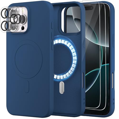 Giolus Magnetisch Silikon Hülle für iPhone 16 Pro Max [1 Handyhülle+2 Schutzfolie+2 Kameraschutz], Premium Liquid Silikon Schutzhülle, Anti-Kratzer Mikrofaser Case, Blau von Giolus