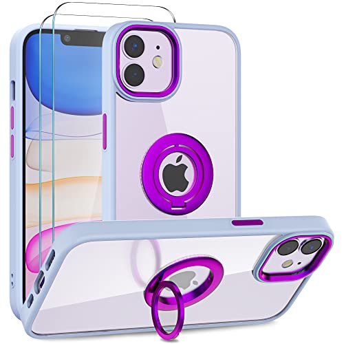 Giolus für iPhone 11 Hülle mit 2 Stück Schutzfolie, Durchsichtig Handyhülle mit 360° Rotation Ring Halter Ständer Dünn TPU Silikon Bumper Hard Back Hülle Stoßfest Kratzfeste Schutzhülle Lila Blau von Giolus