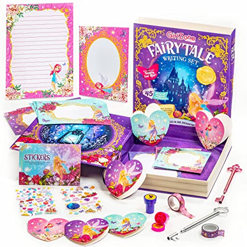 GirlZone Fairytale Writing Set, 45-teiliges Märchen Schreibset, mit Karten, Aufklebern, Stempeln und Märchenbuch-Kiste, Tolle Geschenke Briefpapier-Set für Mädchen und Kinder von GirlZone