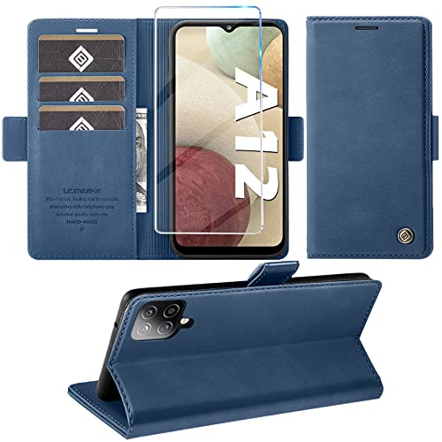 2022-Upgrade Handyhülle für Samsung Galaxy A12 Hülle mit Schutzfolie, [Standfunktion] [Kartenfach Wallet] Premium Leder Schutzhülle Flip Case Stoßfeste Klapphülle A12/M12 Tasche (Blau) von Giyer
