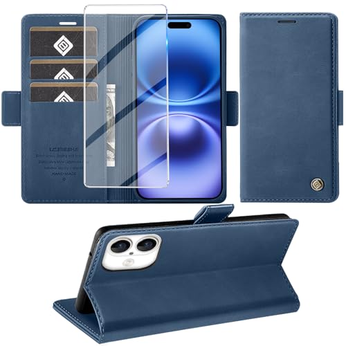 Giyer Handyhülle für iPhone 16 Hülle mit Schutzfolie, Kartenfach Wallet Klapphülle Premium Leder Standfunktion Schutzhülle für iPhone 16 4G/5G Flip Case Cover Tasche (Blau) von Giyer